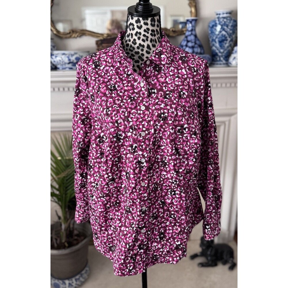 Talbots Non Iron Pink Leopard Collar Long Sleeve Cotton Button Shirt  Sz 16W